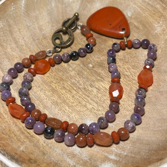 Energy Muse Strength Red Jasper, Carnelian, Sunstone & Charoite Beaded Necklace - Picture 5 of 13
